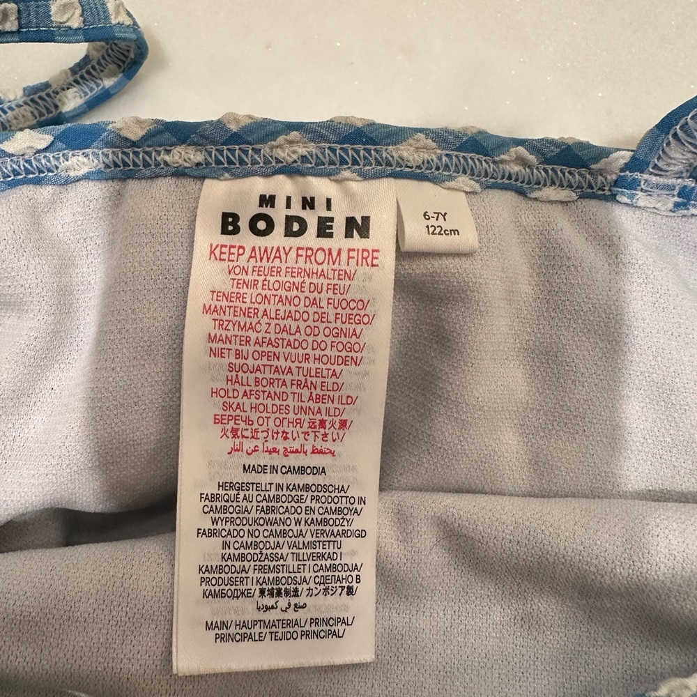Mini Boden Blue and White seersucker cherry detail Swimsuit - Picture 6 of 7
